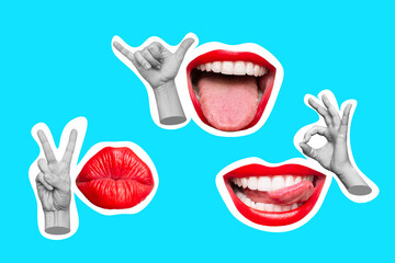 Wall Mural - Set of woman's mouths with red glossy lips: smiling, showing tongue, kissing and hand gestures: peace, okay, shaka isolated on blue background. Contemporary art. Modern design, trendy creative collage