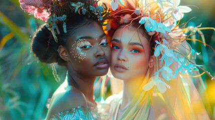 beautiful face dark and light skinned girl wearing futuristic exclusive fashion and headdresses made of bioluminescent glowing plants standing together in colorful garden created with Generative AI 