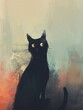 Folk art illustration of a black cat against pastel hues, low angle, soft lighting