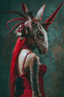 Unicorn Woman with Bare Shoulders, Red Long Hair, and Unicorn Mask with Red Horn in a Red Velvet Corset-Style Dress with Straps and Black Laces on the Back