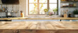 Beautiful empty wooden dining table top with bokeh modern kitchen interior background in a clean and bright atmosphere created with Generative AI Technology