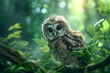 Fluffy Cute baby owl in forest. Beautiful fluffy raptor bird staring with big eyes. Generate ai