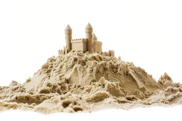 Close-up of a sandcastle on a beach with a blurred background of sea and cliffs. Beautiful simple AI generated image in 4K, unique.