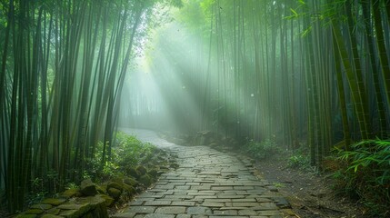 mystical pathway through a misty bamboo forest with sunlight casting ethereal rays through the fog.