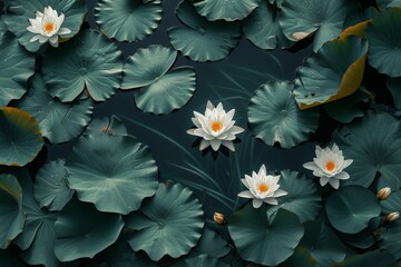 Serene water scene with white lotus flowers floating on surface and green leaves in background
