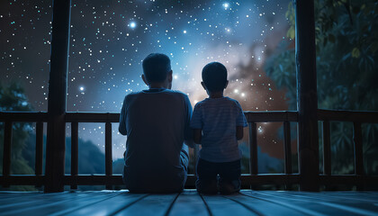 Wall Mural - A man and a boy are sitting on a porch looking up at the stars