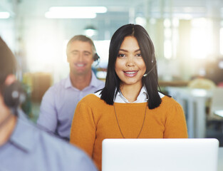Aufkleber - Professional, consultant and portrait of woman coworking in call center for technical support service. Happy, employee and office worker in startup with advice for customer care, chat or contact us