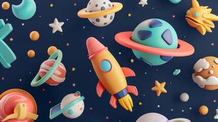 Wall Mural - A collection of charming cute 3d objects floating in space   AI generated illustration