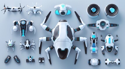 Poster - A collection of flying robots with different accessories   AI generated illustration