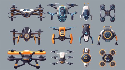 Wall Mural - A collection of flying robots with different accessories   AI generated illustration