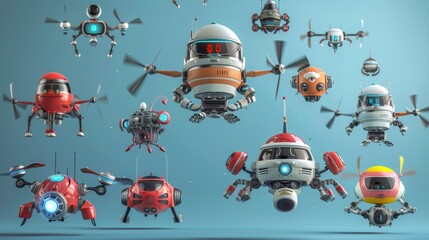 Poster - A collection of flying robots with propellers on top   AI generated illustration