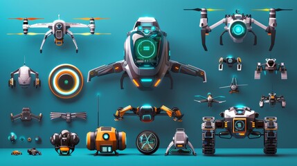 Poster - A collection of flying robots with different accessories  AI generated illustration