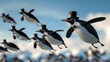 A herd of flying penguins with top hats and bowties   AI generated illustration