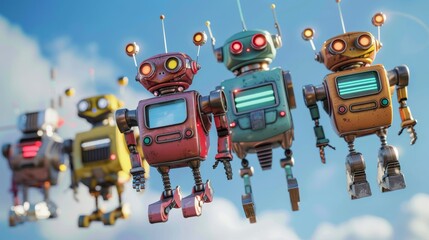 Poster - A group of flying robots in metallic colors  AI generated illustration