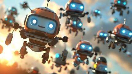 Poster - A group of flying robots with cute faces   AI generated illustration
