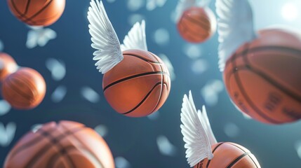Fototapete - A group of winged basketballs floating through the air   AI generated illustration
