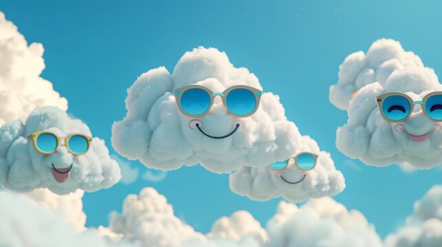 A group of smiling clouds with sunglasses on  AI generated illustration