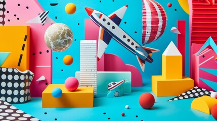 Poster - A playful composition of isolated flying objects in a colorful Memphis style   AI generated illustration