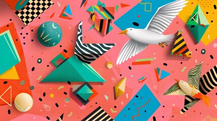 Wall Mural - A playful composition of isolated flying objects in a colorful Memphis style   AI generated illustration