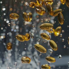 Wall Mural - Omega 3 pills and gold falling through drops of water