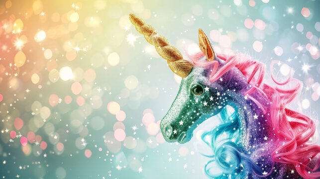 A rainbow-colored unicorn horn with glittering stars around it   AI generated illustration