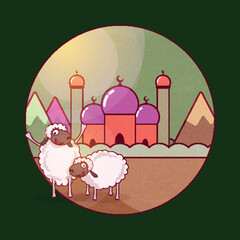 Canvas Print - Sheep's in front of colorful Mosque for Muslim Community, Festival of Sacrifice, Eid-Al-Adha Mubarak.