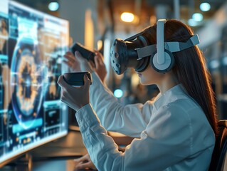 A woman wearing a white shirt and black headphones is playing a video game. She is holding a controller in each hand and she is fully immersed in the game