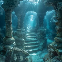 A hidden underwater temple of Poseidon, with corridors lit by bioluminescent algae and guarded by mermaids