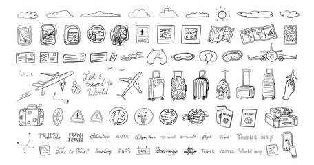 Big set of  travel theme in doodle style. Suitcase, baggage, plane, fly, ticket, postcard, flight, boarding pass, clouds, view from the window, postage stamp, passport stamp, passport. Hand drawn