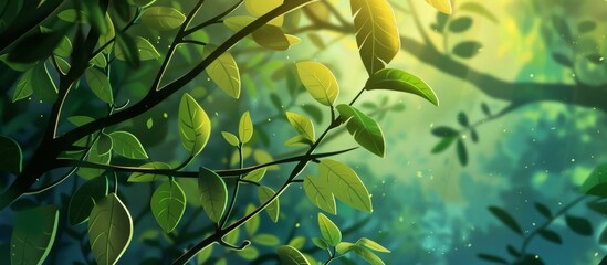 Poster - Close-up shots of tree branches and leaves in a natural setting under the sun's light