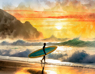 Wall Mural - A surfer, silhouetted against a golden sunset, holds a surfboard on the beach. Waves crash, reflecting the sun’s glow