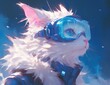 A long haired white and pink cat wearing blue glowing goggles
