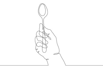 Poster - The hand holds a spoon for food. Traditional cutlery. Food preparation.One continuous line drawing. Line Art isolated white background.