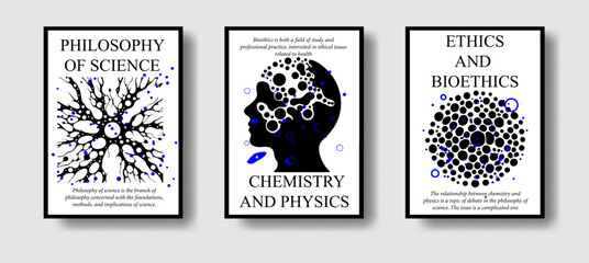 Poster - Set of science-themed posters with abstract compositions of geometric figures and simple stylized illustrations of the human head and nerve cells.