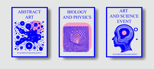 Poster - Set of science-themed posters with abstract compositions of geometric figures and simple stylized illustrations of the human head and nerve cells.