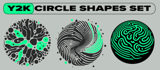 Poster - Set of different round shapes with psychedelic trippy pattern resembling ink blots and stains. Perfect for science and technology subject illustrations.
