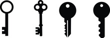 Key Icon Symbol Flat Style Set. Door Or House Key To Unlock Lock Collection. Security System Concept Represented By Silhouette Key Sign Group