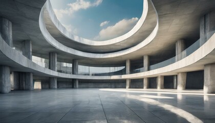 Empty abstract architecture building in minimal concrete design with open space floor courtyard white podium and curved walls museum plaza as wide display showroom mockup environment background
