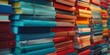 Stack of textbooks organized by subject, close-up, neat arrangement, soft light 