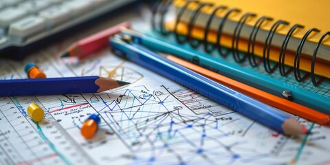 Poster - Math tools set beside a geometry textbook, close-up, organized learning