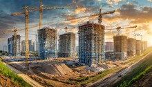 Generic Under Construction Site As Mega Residential Towers Complex For Apartments Or Flat Investment In Real Estate And Infrastructure Projects, Wide Banner With Info Datum
