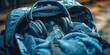 Gym bag packed with towel, water bottle, and headphones, close-up, organized