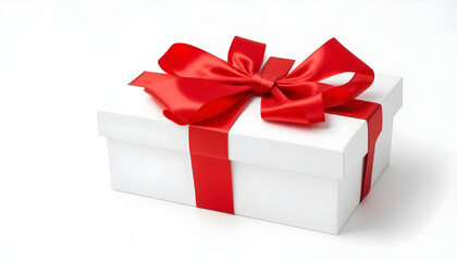 White gift box with red bow on white background 3