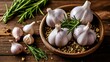  Fresh garlic bulbs and herbs ready for culinary magic
