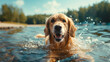 © Sweetrose official  - A cute golden retriever puppy swimming in the clear water of an American lake, with its tongue hanging out and big eyes looking at you happily. The clear blue sky, natural scenery, and sunny day.