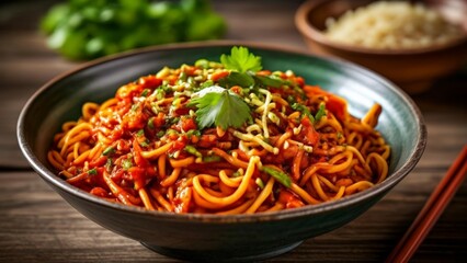 Canvas Print -  Delicious pasta dish with vibrant sauce and fresh herbs