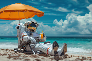 astronaut in a spacesuit relaxing in sun lounger near orange sun umbrella on a sandy beach with a glass of delicious cocktail with an orange straw