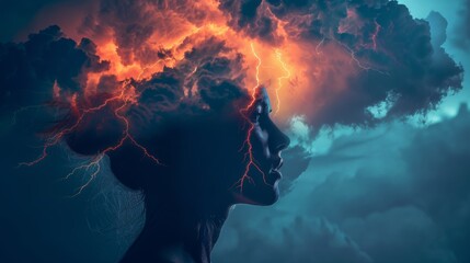 Poster - Double exposure of woman with lightning on her head