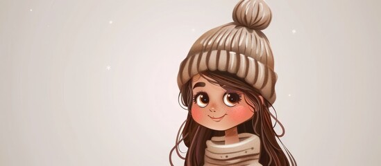 Wall Mural - Young animated female in cozy winter accessories: knitted hat and scarf