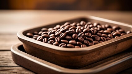 Poster -  Aromatic coffee beans in a wooden tray ready for brewing